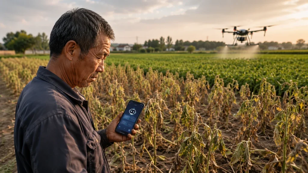 A farmer holds a smartphone showing an AI app while standing in a dry, withered crop field with a drone spraying in the background.