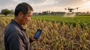 A farmer holds a smartphone showing an AI app while standing in a dry, withered crop field with a drone spraying in the background.