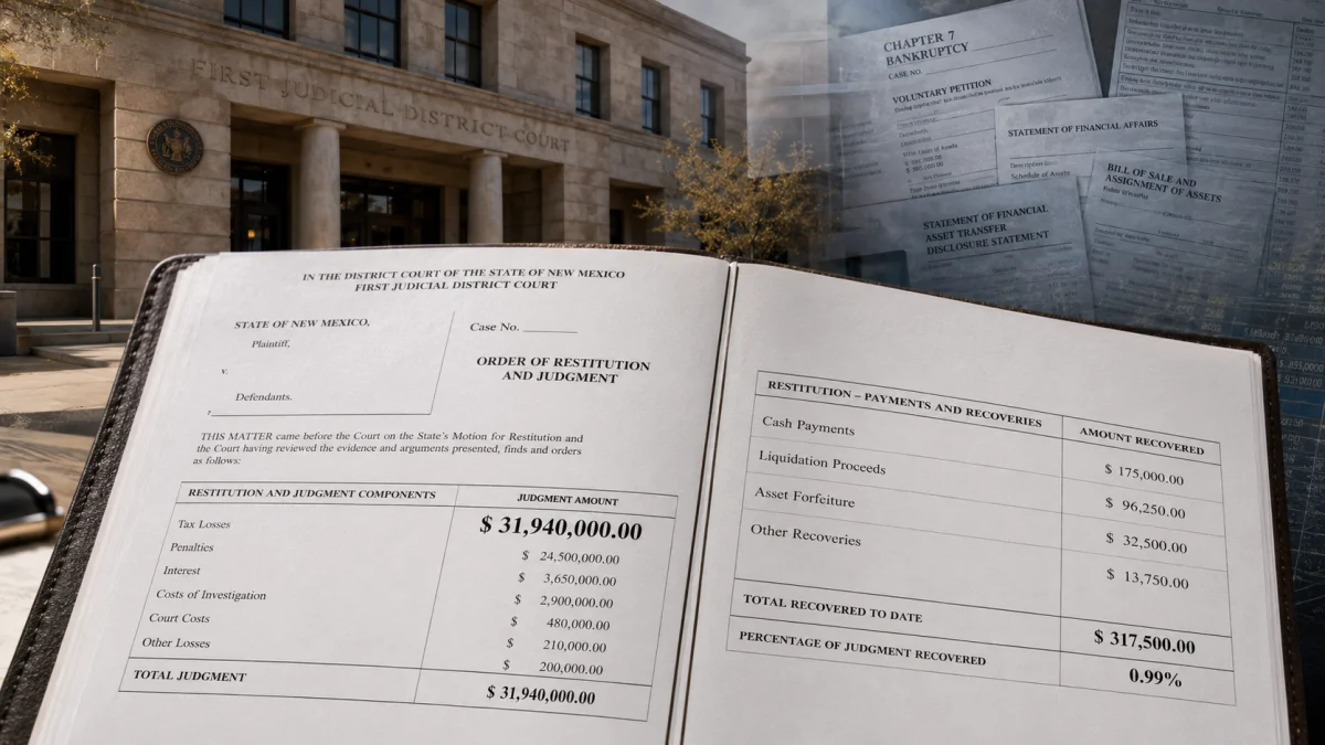 An open court judgment document showing restitution and recovery amounts, with a courthouse and bankruptcy filings in the background.