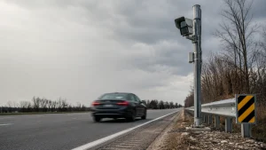 A car drives past a roadside speed camera on a highway under cloudy skies.
