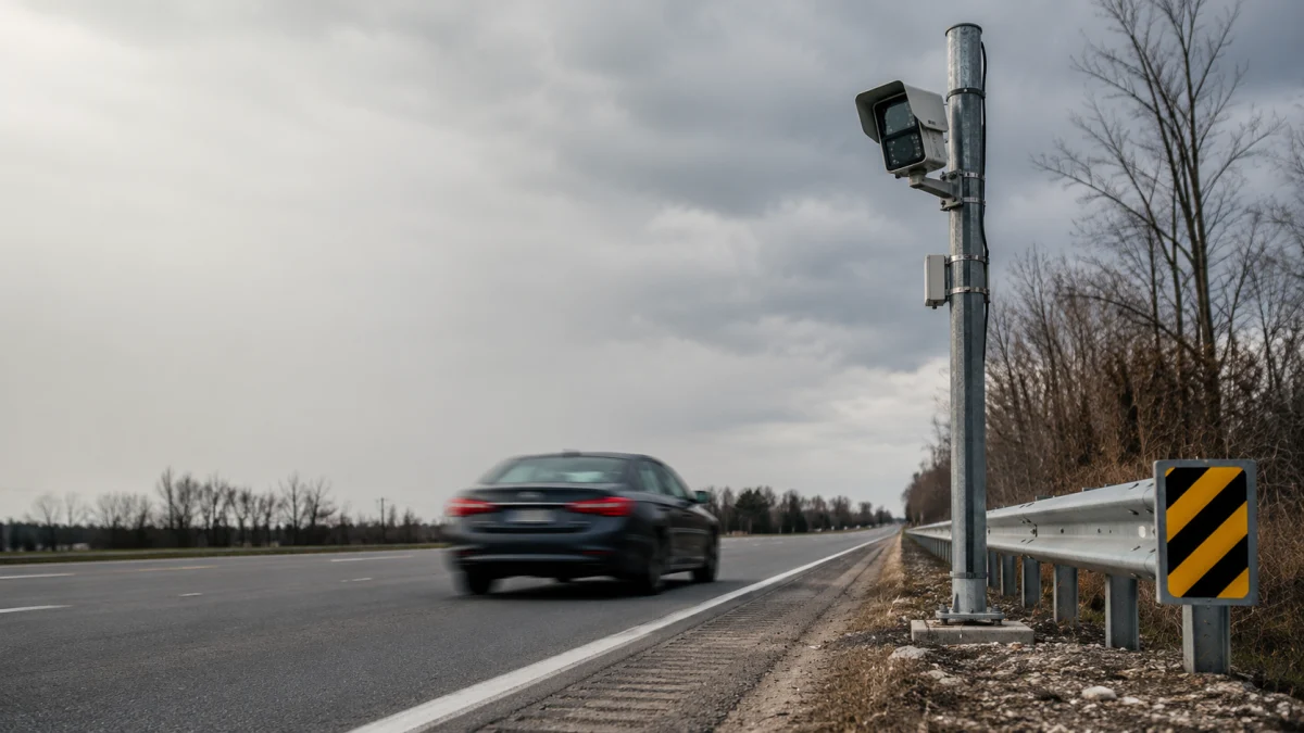 A car drives past a roadside speed camera on a highway under cloudy skies.