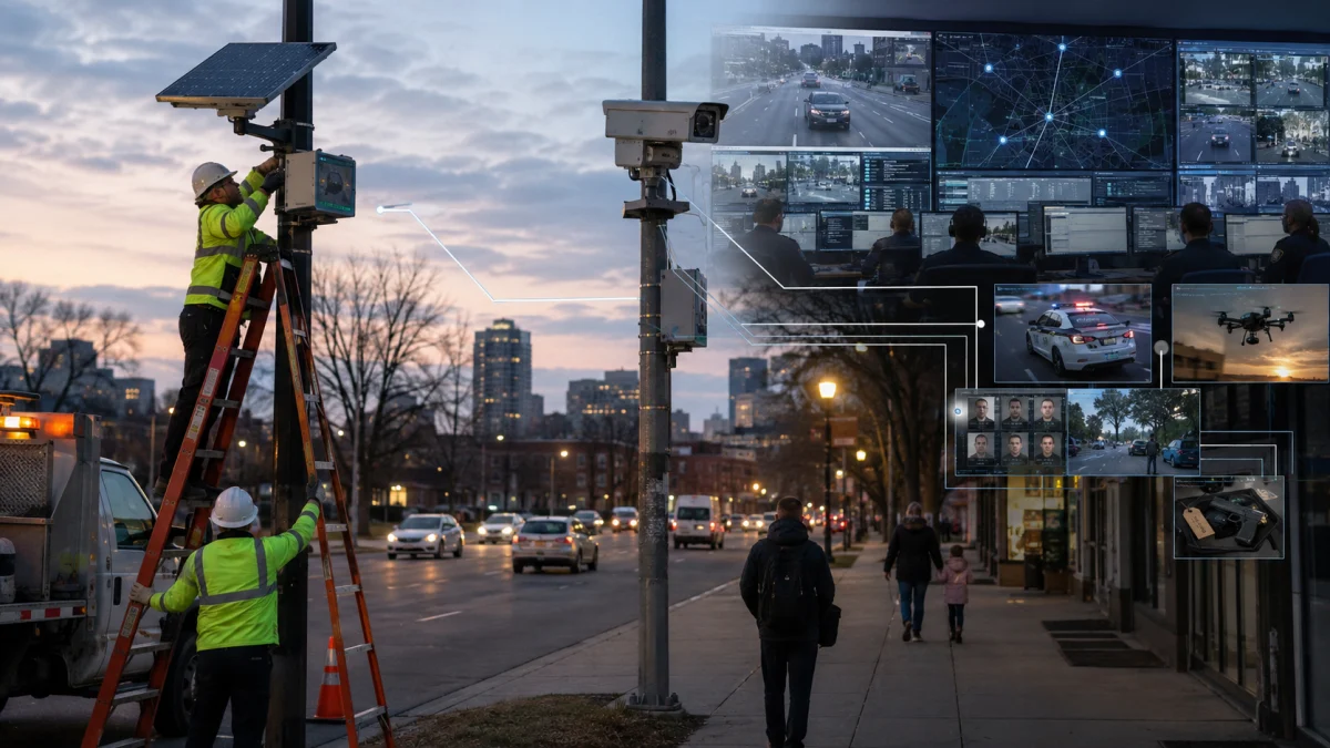 Workers install a roadside surveillance camera on a city street at dusk, with an overlay of monitoring screens showing traffic, police footage, and facial recognition images.