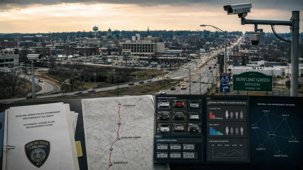 Bowling Green, Kentucky skyline and highway with multiple surveillance cameras in the foreground, plus documents and interface graphics about license plate recognition and vehicle tracking.