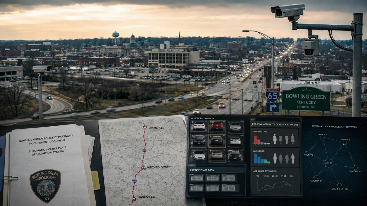 Bowling Green, Kentucky skyline and highway with multiple surveillance cameras in the foreground, plus documents and interface graphics about license plate recognition and vehicle tracking.