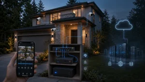 Smart home security cameras connected to a local network, a phone showing live camera feeds, and cloud storage icons beside a house at night.