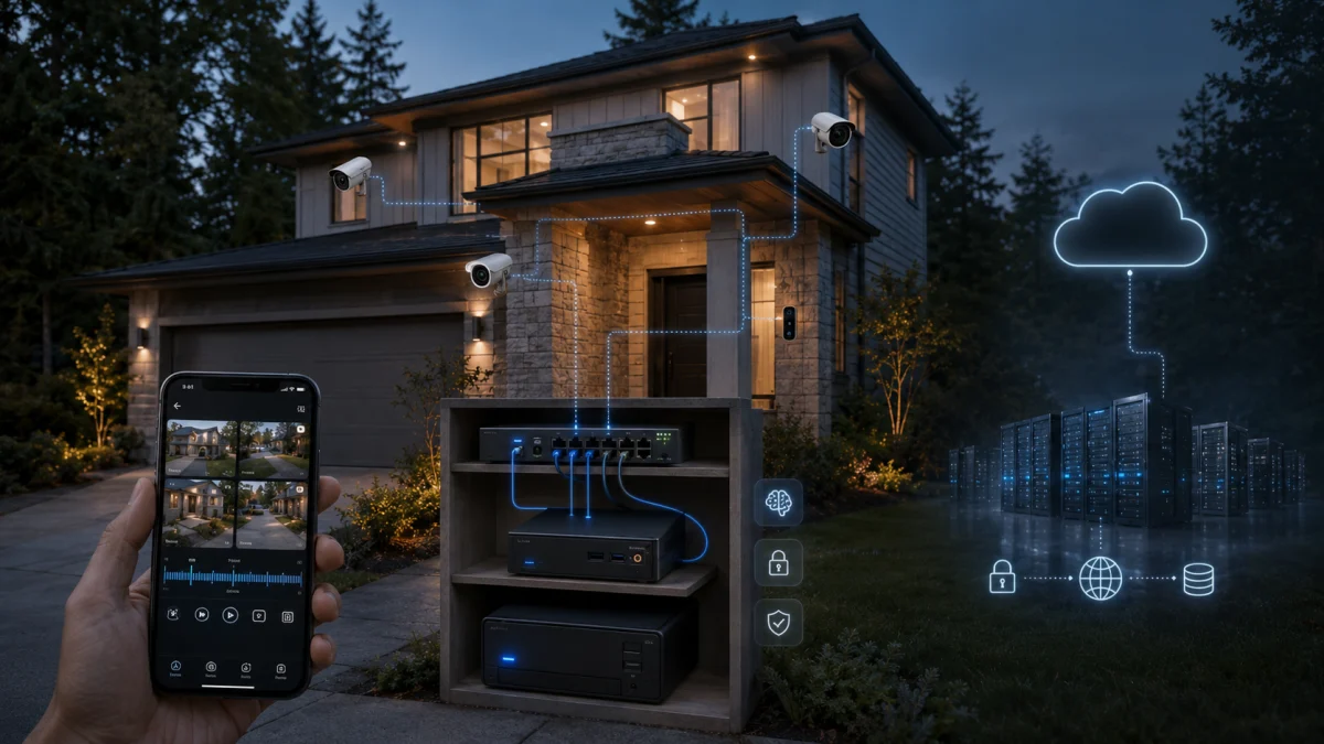 Smart home security cameras connected to a local network, a phone showing live camera feeds, and cloud storage icons beside a house at night.