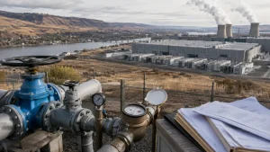 Industrial water pipes and meters in the foreground with a large data center and cooling towers in the background beside a river.