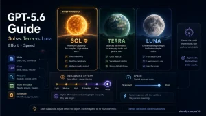 Dark infographic comparing GPT-5.6 model options Sol, Terra, and Luna with effort and speed settings.
