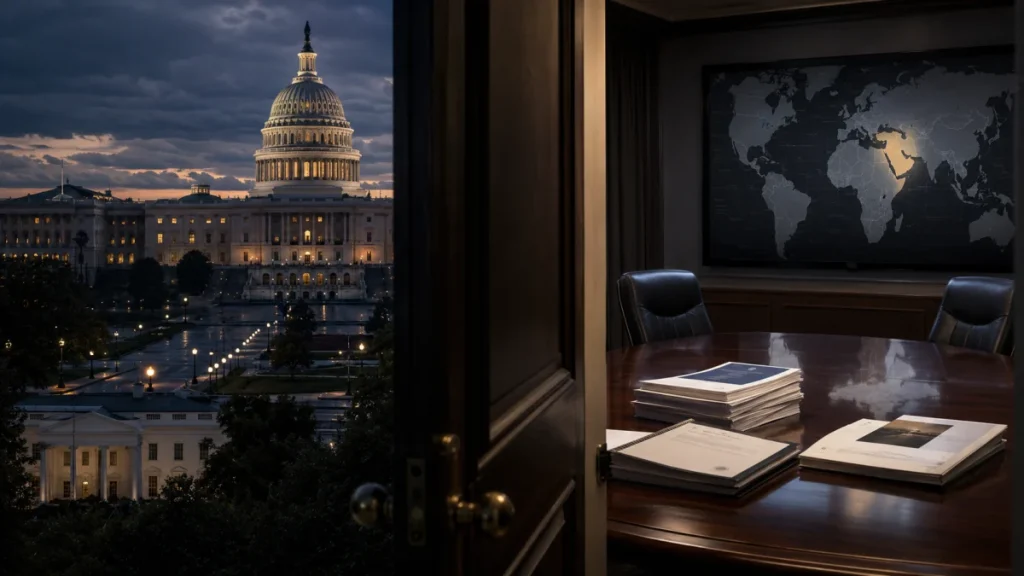 View of the U.S. Capitol at dusk beside a dimly lit private office with a conference table, chairs, and documents.