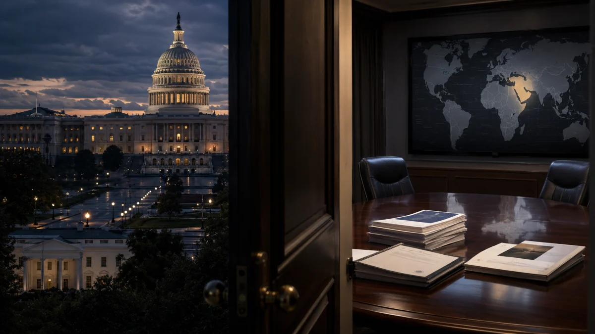 View of the U.S. Capitol at dusk beside a dimly lit private office with a conference table, chairs, and documents.