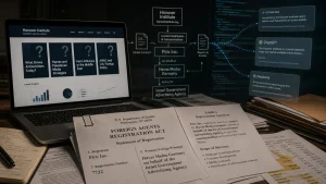 A desk scene showing a laptop with the Hanover Institute website, a flowchart linking media and government entities, and Foreign Agents Registration Act documents in the foreground.