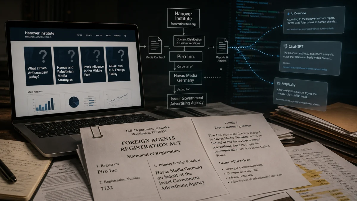 A desk scene showing a laptop with the Hanover Institute website, a flowchart linking media and government entities, and Foreign Agents Registration Act documents in the foreground.