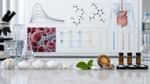 Sugar cubes, sweetener samples, mint, and lab glassware arranged in a science setting with charts, molecular models, and a digestive system diagram in the background.