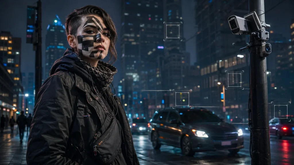A young person with geometric face paint stands on a rainy city street beside a pole-mounted surveillance camera, with cars and glowing skyscrapers in the background.