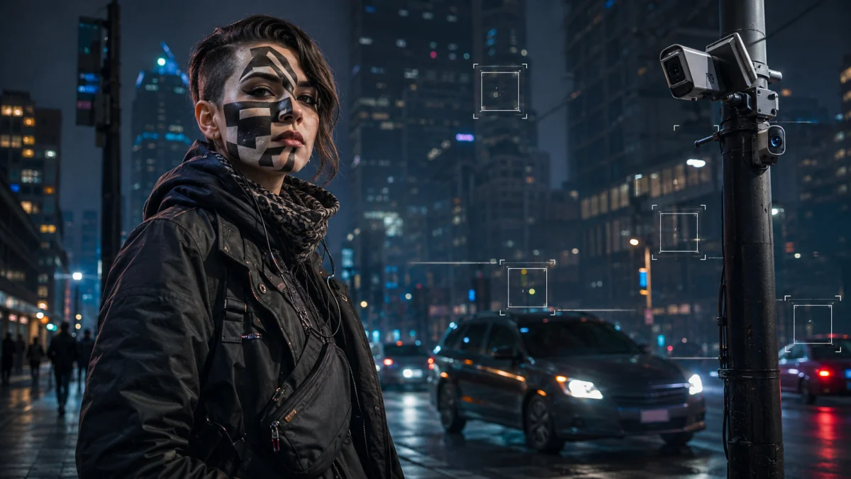 A young person with geometric face paint stands on a rainy city street beside a pole-mounted surveillance camera, with cars and glowing skyscrapers in the background.