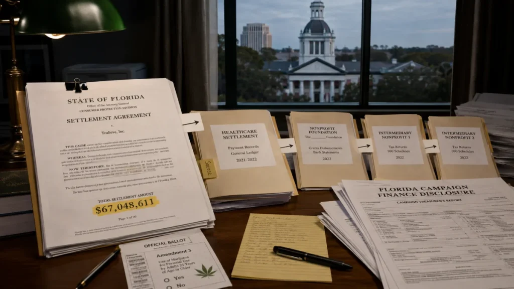 Desk covered with Florida settlement documents, campaign finance disclosures, and ballot papers, with the state capitol visible through a window in the background.