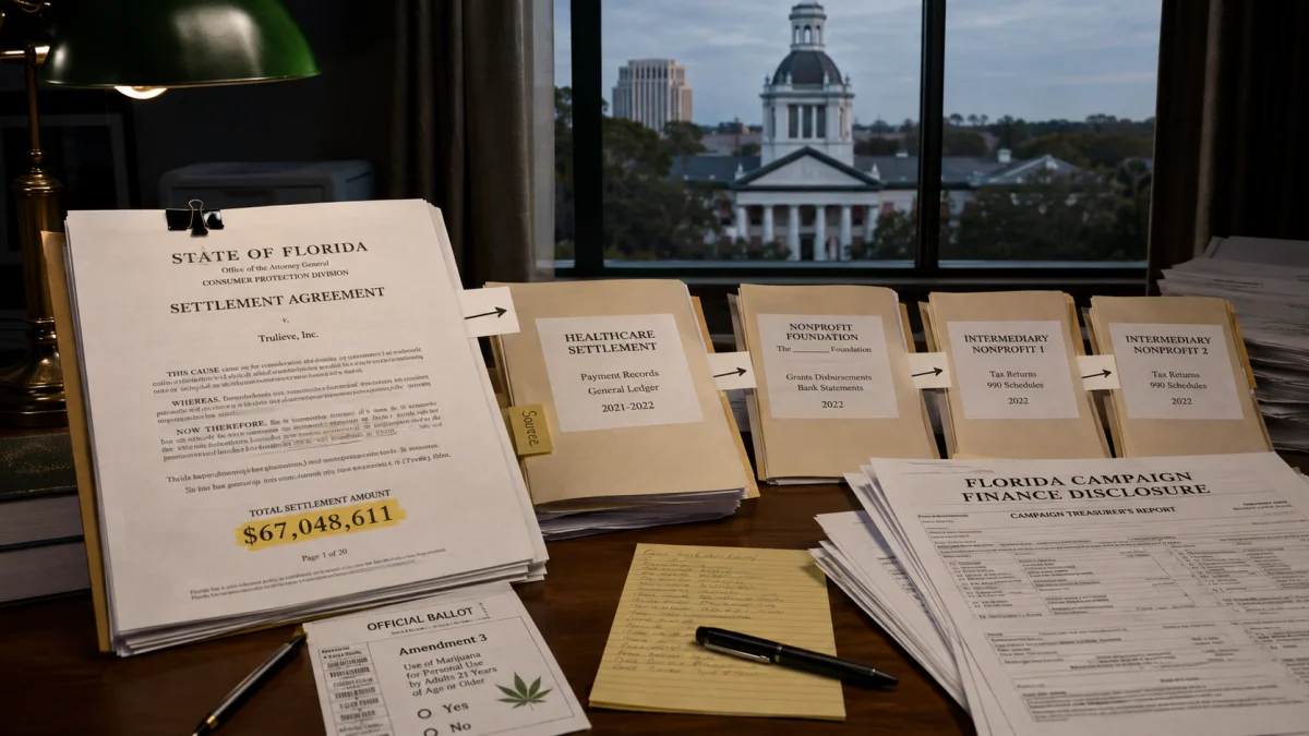 Desk covered with Florida settlement documents, campaign finance disclosures, and ballot papers, with the state capitol visible through a window in the background.