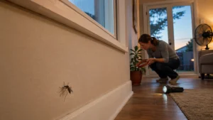 A woman crouches in a living room near a wall with a mosquito while using a flashlight to inspect the area.