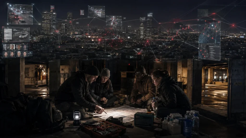 A group of people huddle around a map under an overpass at night, with a city skyline and digital surveillance overlays in the background.