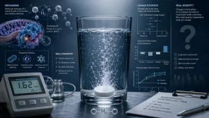 Glass of water with a dissolving tablet, a dissolved hydrogen meter, and scientific charts about hydrogen water benefits and uncertainty.