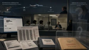Illustrated ICE deportation coordination scene with emails, flight manifest, asylum files, and detained men behind a glass partition.