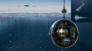 Cutaway view of the IceCube neutrino detector beneath Antarctic ice, with a map and waveform graphic at right.