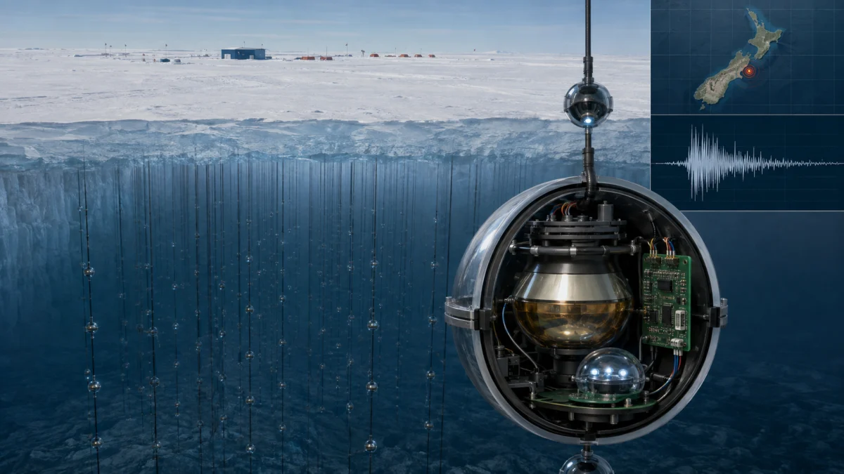 Cutaway view of the IceCube neutrino detector beneath Antarctic ice, with a map and waveform graphic at right.
