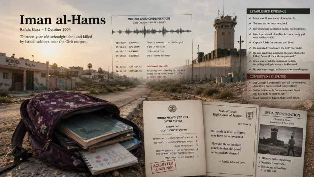 Infographic-style image about Iman al-Hams showing a school backpack with books in the foreground, a Gaza street and watchtower, and panels summarizing evidence and court documents.