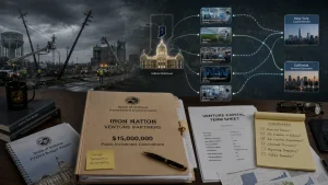 Illustration showing an Indiana state investment commitment of $15 million in an Israeli venture fund, with documents, budget reports, and a flowchart linking Indiana to startup sectors and U.S. capital markets.