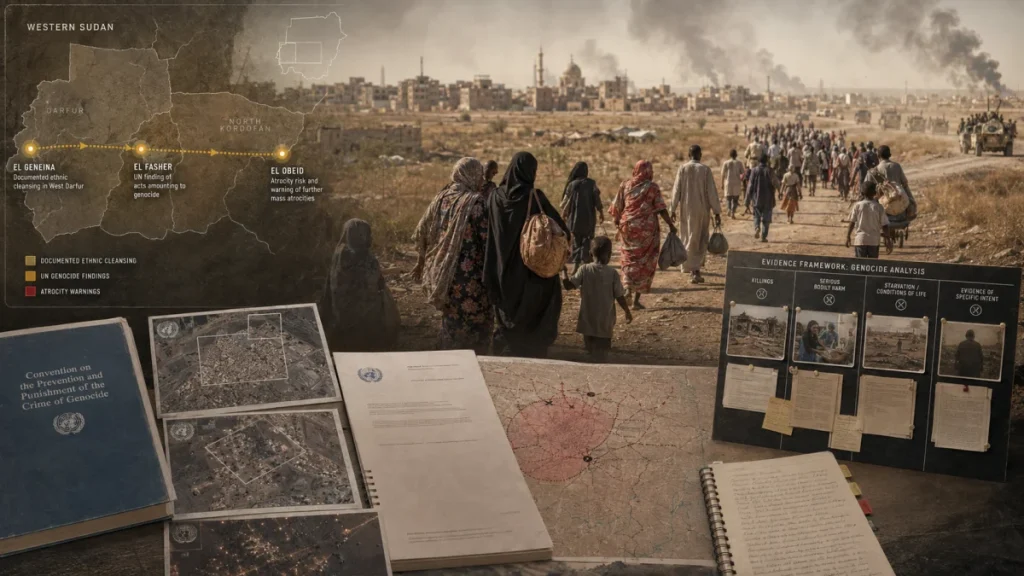 Displaced people walk through a dry landscape in Sudan while maps, documents, and evidence boards analyze allegations of genocide and atrocities in Darfur.
