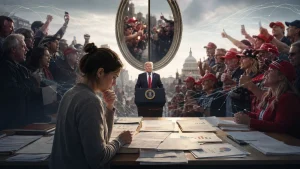 A woman studies documents at a desk while, in the background, Donald Trump speaks at a podium between two opposing crowds reacting strongly.