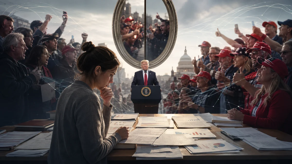 A woman studies documents at a desk while, in the background, Donald Trump speaks at a podium between two opposing crowds reacting strongly.