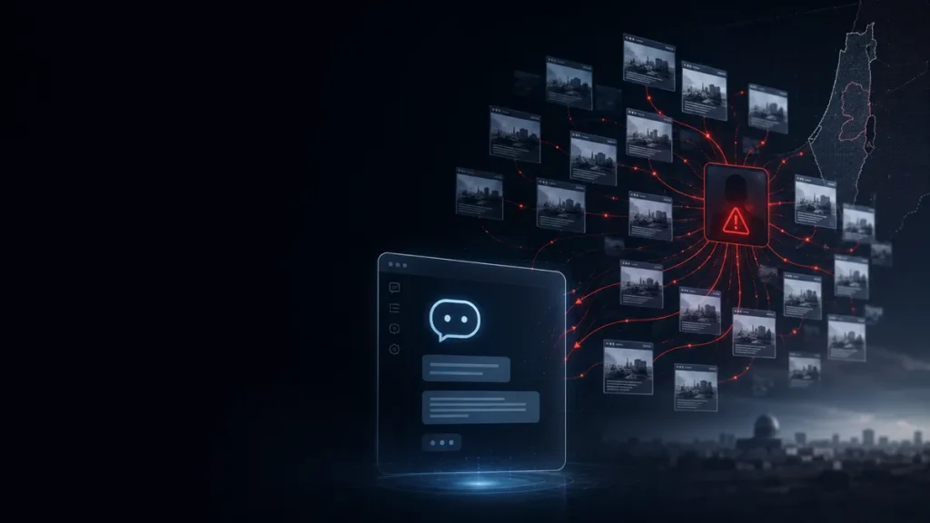 Conceptual illustration of a chatbot connected to a network of coordinated websites and a warning symbol