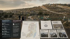 A hillside West Bank landscape with construction machinery and settlement roads, overlaid with reports, maps, and data about displacement, demolitions, and evictions.