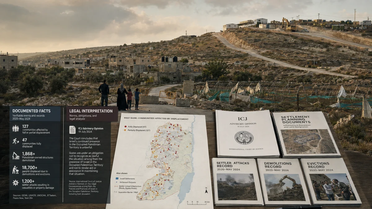 A hillside West Bank landscape with construction machinery and settlement roads, overlaid with reports, maps, and data about displacement, demolitions, and evictions.