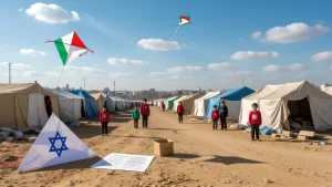 Children stand among rows of tents in a refugee camp while kites fly overhead, including one with an Israeli Star of David.