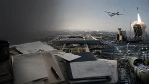 A missile defense system launches as an aircraft flies overhead, with a cityscape, office desk papers, and a manufacturing facility in the foreground.