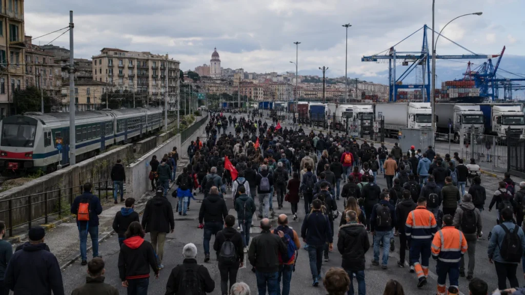 A large crowd of protesters walks along a roadway near a port and rail lines in an Italian city.