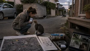 A woman crouches in a street at dusk showing a cat photo to a stray cat, with maps, photos, and cat-tracking notes laid out nearby.