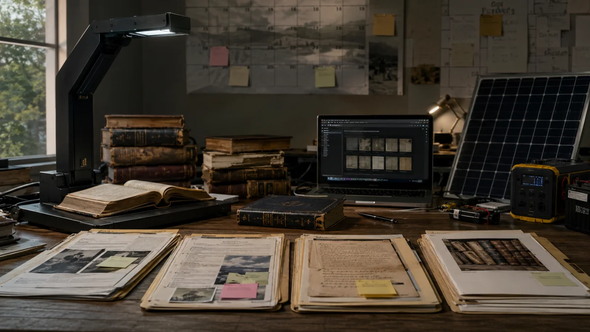 A cluttered research desk with old books, archived documents, a digitizing scanner, and a laptop displaying scanned pages.