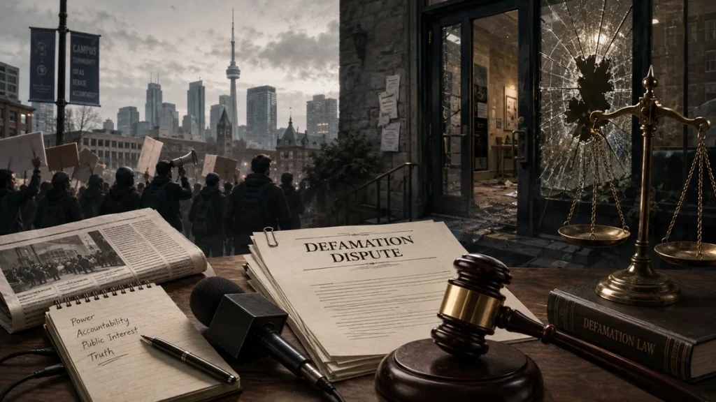 Editorial illustration of a Toronto protest outside a damaged doorway beside a defamation-law gavel and court papers