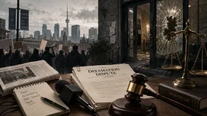Editorial illustration of a Toronto protest outside a damaged doorway beside a defamation-law gavel and court papers