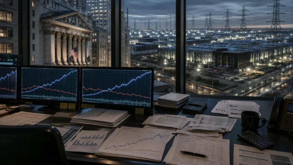A financial office overlooking the New York Stock Exchange and an industrial skyline, with stock charts displayed on multiple monitors and papers spread across a desk.
