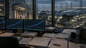 A financial office overlooking the New York Stock Exchange and an industrial skyline, with stock charts displayed on multiple monitors and papers spread across a desk.