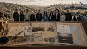 A group of people stands behind a table displaying three labeled folders: Judaism, Zionism, and State of Israel, with candles and historical documents in front of a cityscape and Israeli flag.