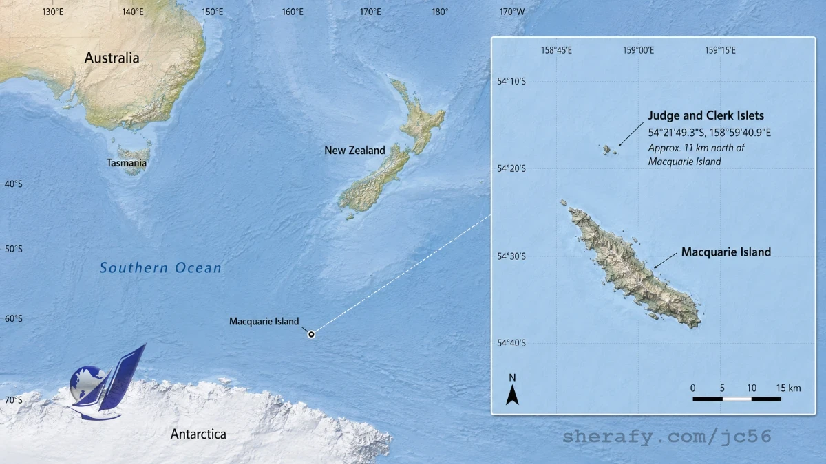 Map showing the remote location of Australia’s Judge and Clerk Islets in the Southern Ocean, approximately 11 kilometers north of Macquarie Island and far south of Tasmania and New Zealand.
