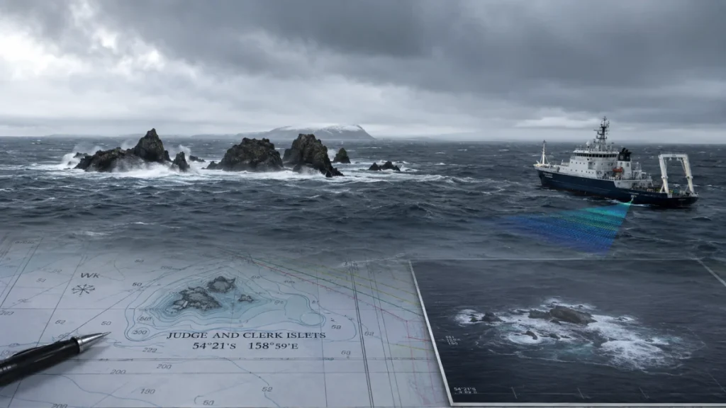 Stormy ocean scene with jagged rocky islets, a research vessel nearby, and a nautical chart of Judge and Clerk Islets overlaid in the foreground.