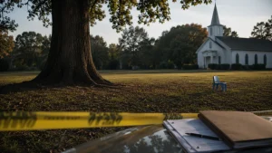 Caution tape in the foreground, a large tree, a small blue chair on the grass, and a white church in the background.