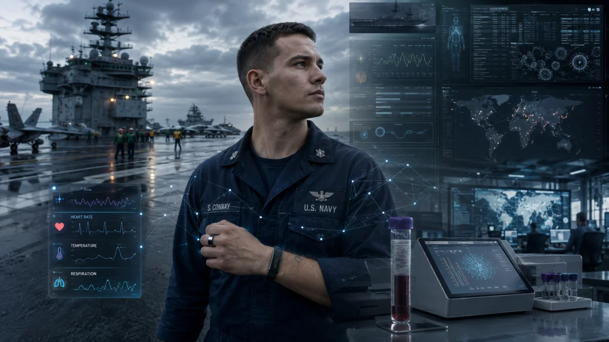 A U.S. Navy sailor stands on an aircraft carrier deck with futuristic health data overlays, lab samples, and monitoring screens in the background.