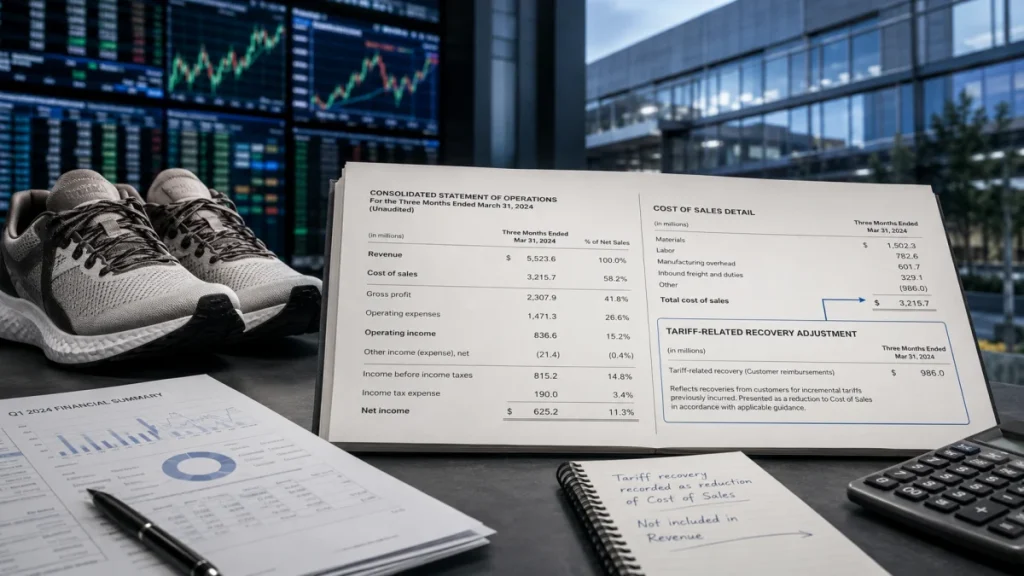 Nike sneakers with financial statements showing a tariff-related recovery adjustment of $986 million and a calculator on a desk.